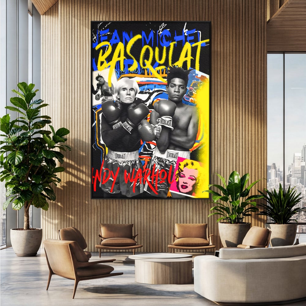 Tablou canvas cu tablou canvas cu andy warhol si basquiat, in rama de aluminiu negru, pe perete intr-un birou